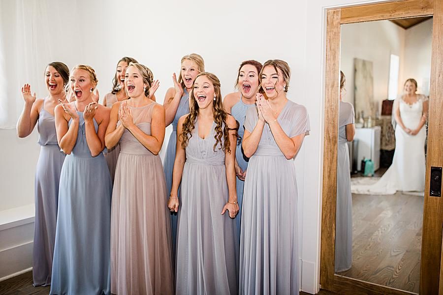 Bridesmaid first reaction at this Graystone Quarry wedding by Knoxville Wedding Photographer, Amanda May Photos.