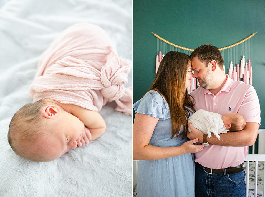 parents with foreheads together at home newborn