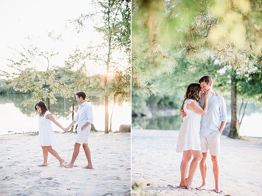 couple walking on beach at hunter valley farm engagement