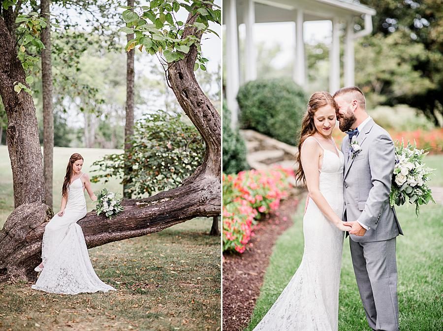 Sitting on fallen branch at this Marblegate Farm Wedding by Knoxville Wedding Photographer, Amanda May Photos.