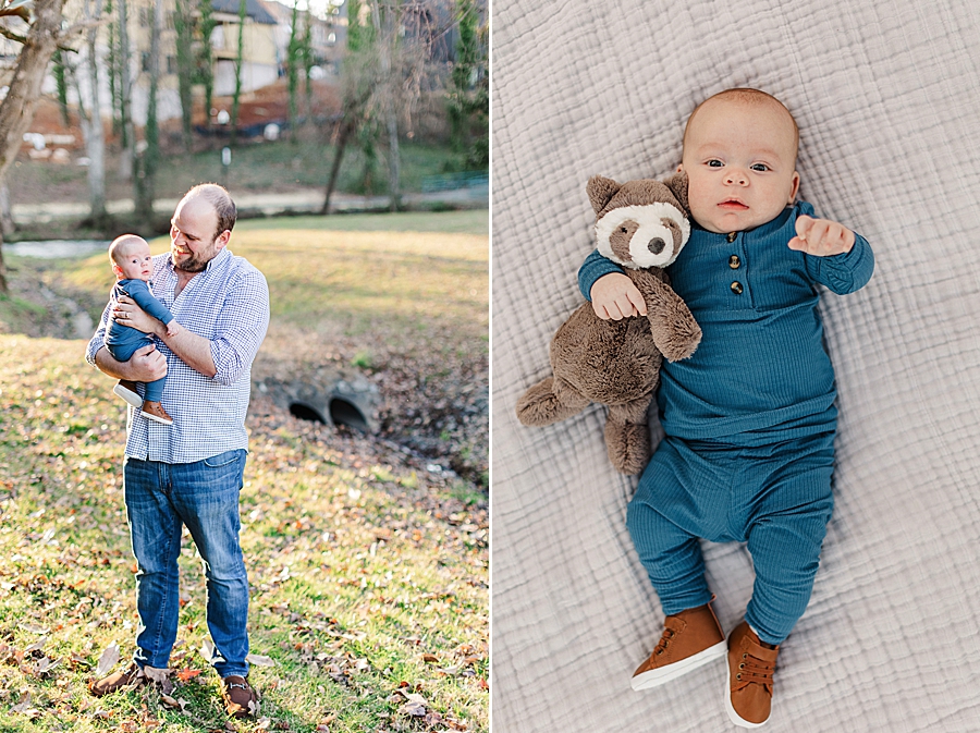 baby holding stuffed raccoon Maryville 3 month session