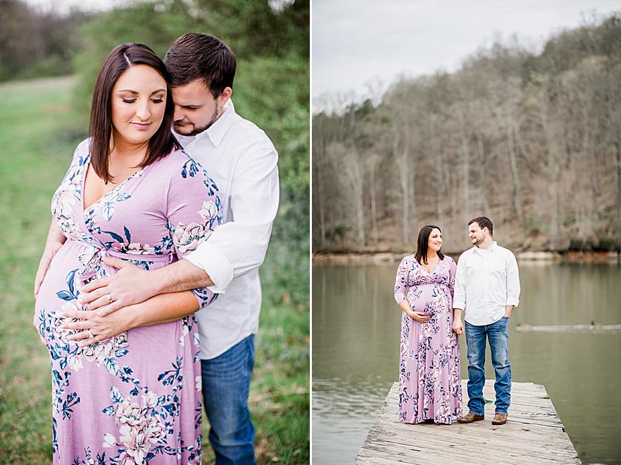 pregnant couple standing in front of water at melton hill maternity
