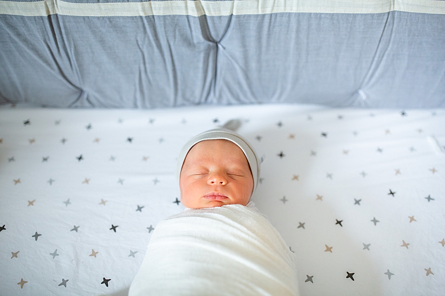 blue bedding at newborn session