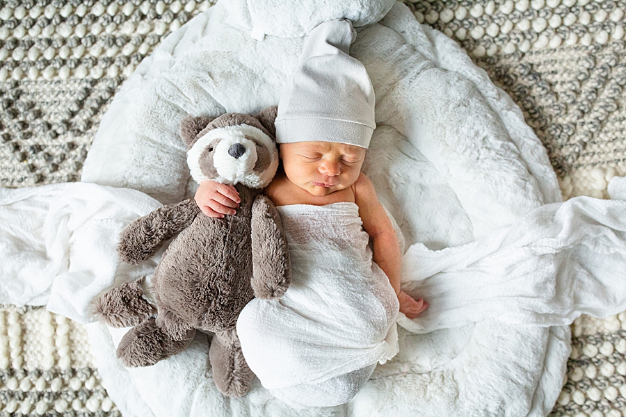 baby holding teddy bear at newborn session