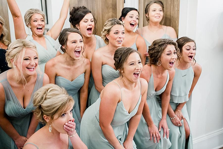 Bridesmaids' first look at this pavilion wedding by Knoxville Wedding Photographer, Amanda May Photos.