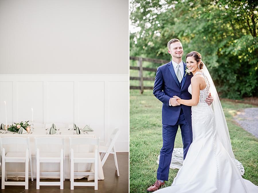White reception chairs at this pavilion wedding by Knoxville Wedding Photographer, Amanda May Photos.