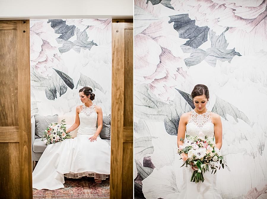 Gray and pink wallpaper at this pavilion wedding by Knoxville Wedding Photographer, Amanda May Photos.