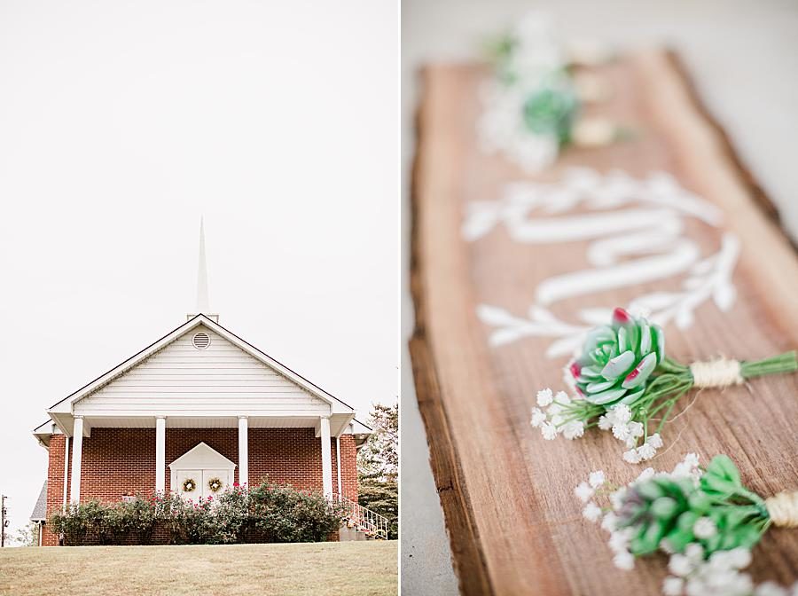 Succulent boutonnieres at this Pine Ridge Baptist Church wedding by Knoxville Wedding Photographer, Amanda May Photos.