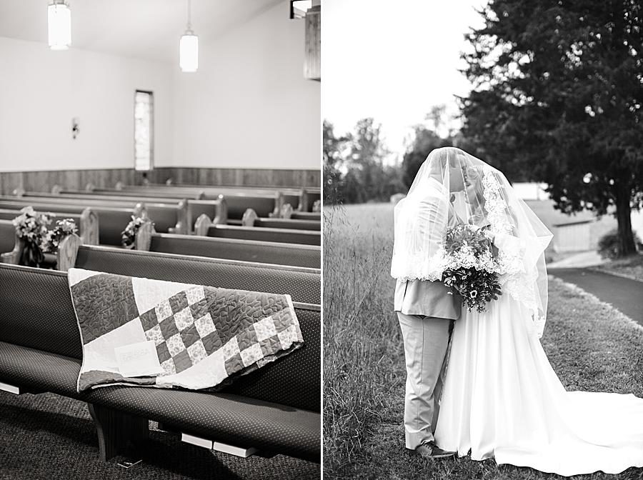 Homemade quilt at this Pine Ridge Baptist Church wedding by Knoxville Wedding Photographer, Amanda May Photos.