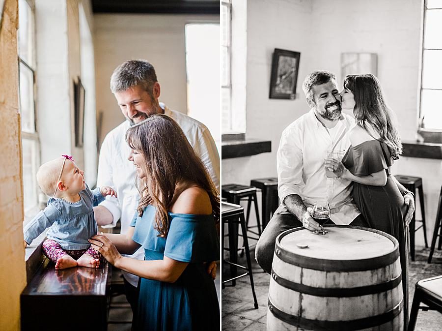 Whiskey barrel at this Printshop Brewery engagement by Knoxville Wedding Photographer, Amanda May Photos.