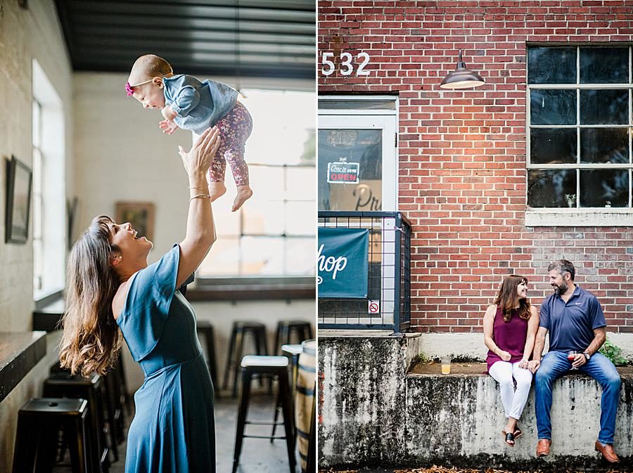 Tossing baby at this Printshop Brewery engagement by Knoxville Wedding Photographer, Amanda May Photos.