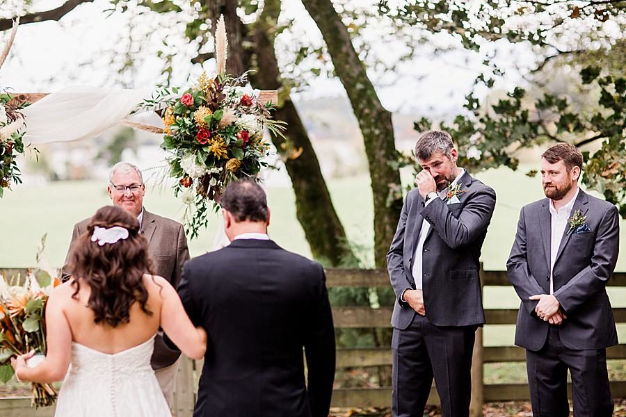 Groom’s reaction at this RiverView Family Farm wedding by Knoxville Wedding Photographer, Amanda May Photos.