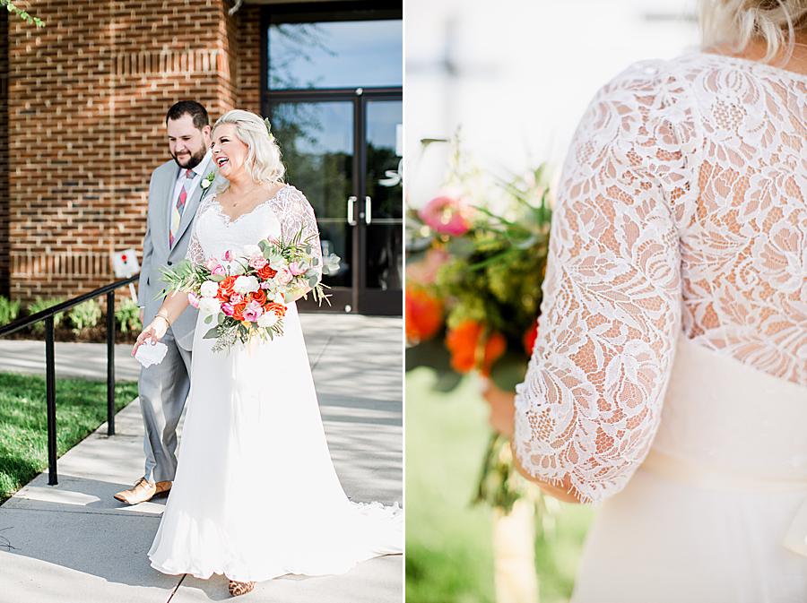 detail of bride's wedding dress sleeves