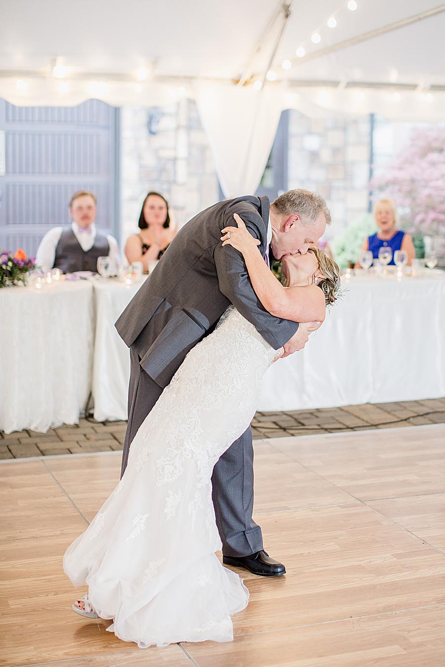 First dance dip at this intimate WindRiver wedding by Knoxville Wedding Photographer Amanda May Photos.