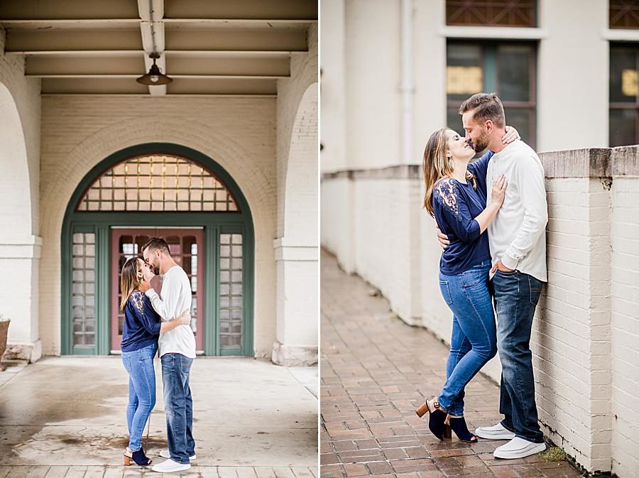 Kiss at this Southern Railway Station Engagement by Knoxville Wedding Photographer, Amanda May Photos.
