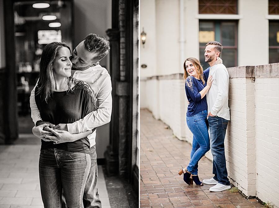 Hug from behind at this Southern Railway Station Engagement by Knoxville Wedding Photographer, Amanda May Photos.