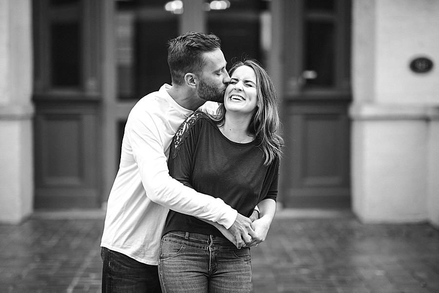 Kiss on the cheek at this Southern Railway Station Engagement by Knoxville Wedding Photographer, Amanda May Photos.