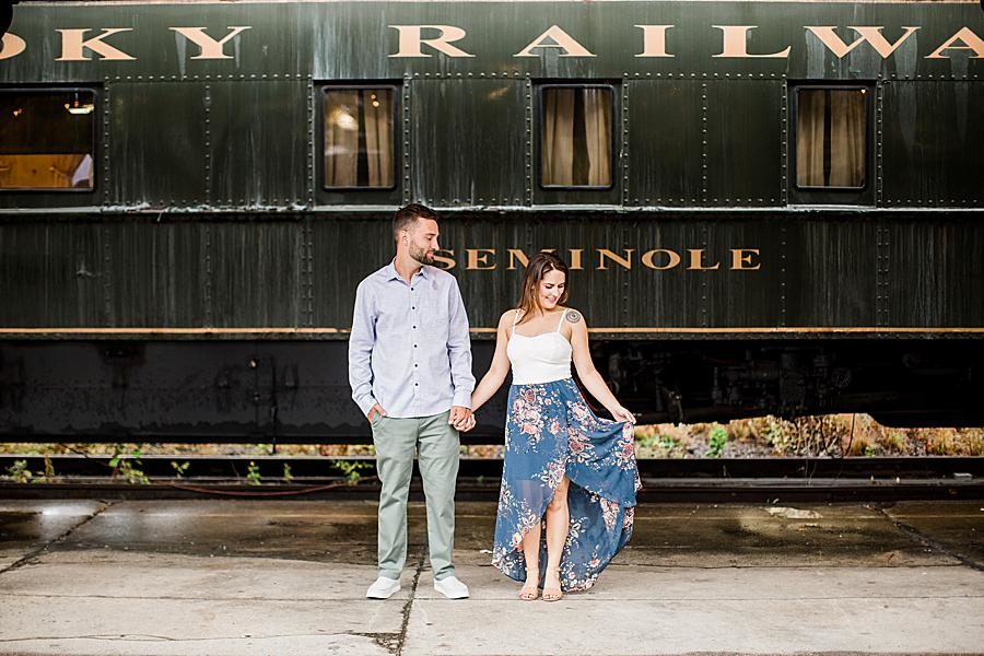 Floral high low skirt at this Southern Railway Station Engagement by Knoxville Wedding Photographer, Amanda May Photos.