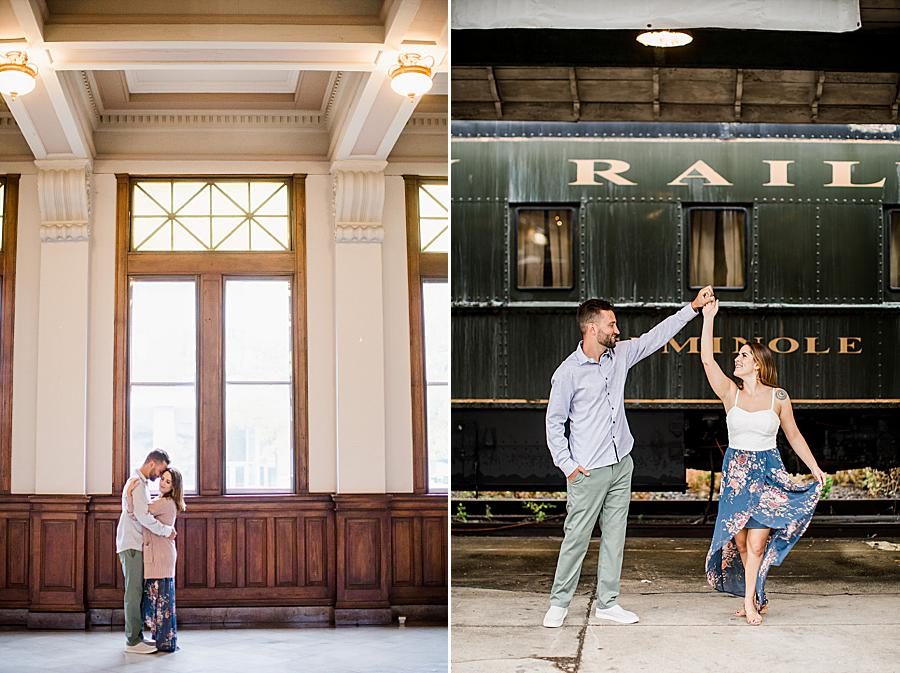 Twirling at this Southern Railway Station Engagement by Knoxville Wedding Photographer, Amanda May Photos.