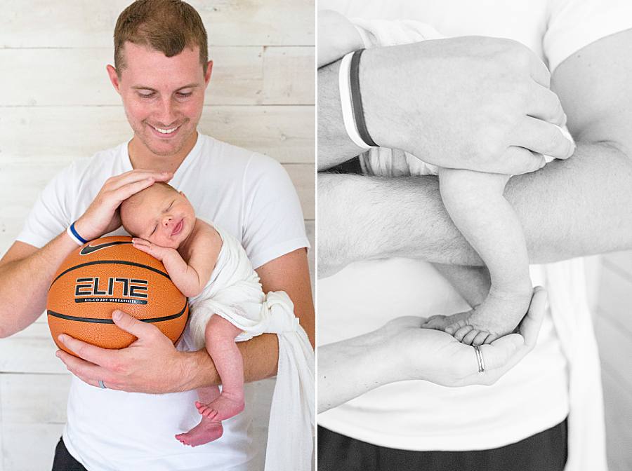 dad holding baby and basketball at sporty newborn