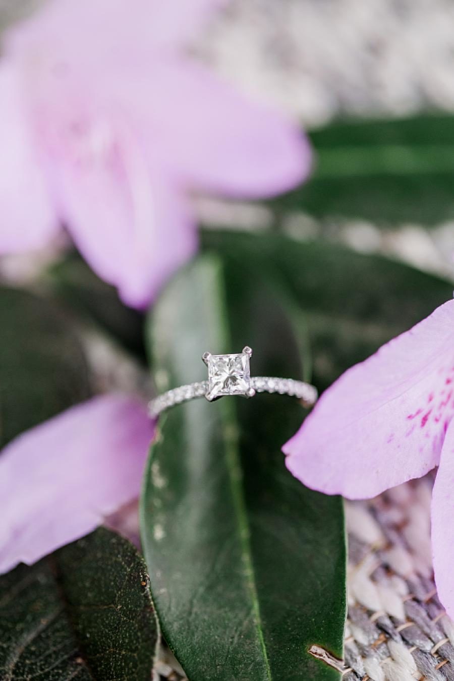 engagement ring on dark green leaf