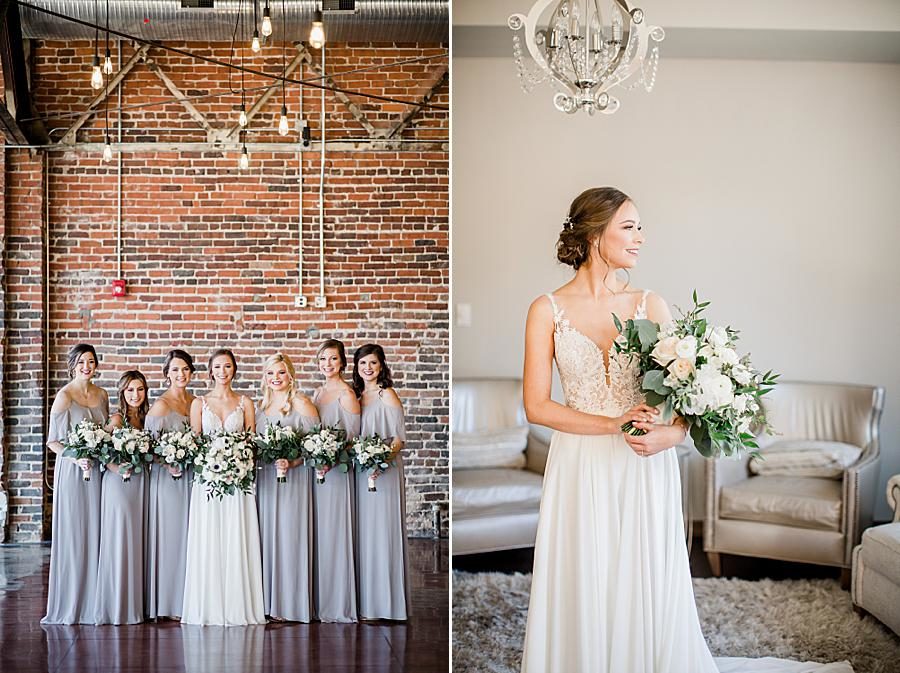 Cool toned bridesmaid dresses at this The Press Room Wedding by Knoxville Wedding Photographer, Amanda May Photos.