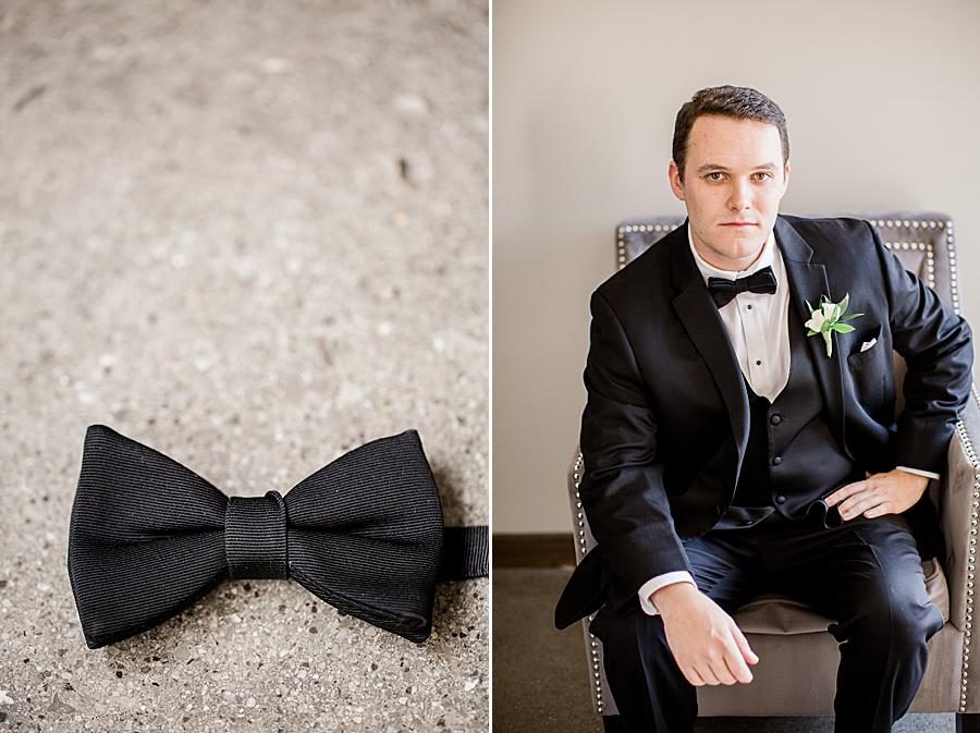 Black bow tie at this The Press Room Wedding by Knoxville Wedding Photographer, Amanda May Photos.