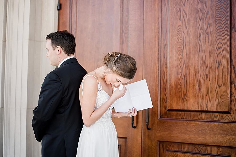 Teary bride at this The Press Room Wedding by Knoxville Wedding Photographer, Amanda May Photos.