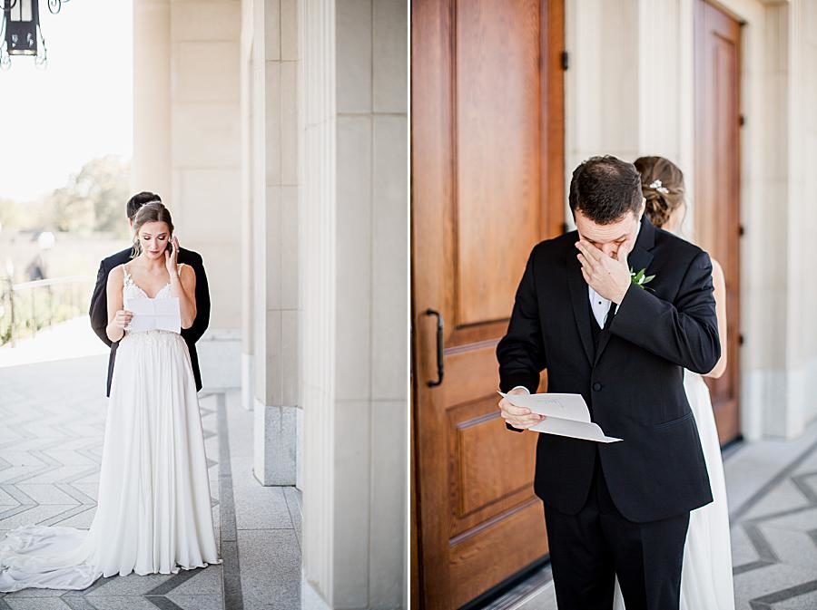 Reading letters at this The Press Room Wedding by Knoxville Wedding Photographer, Amanda May Photos.