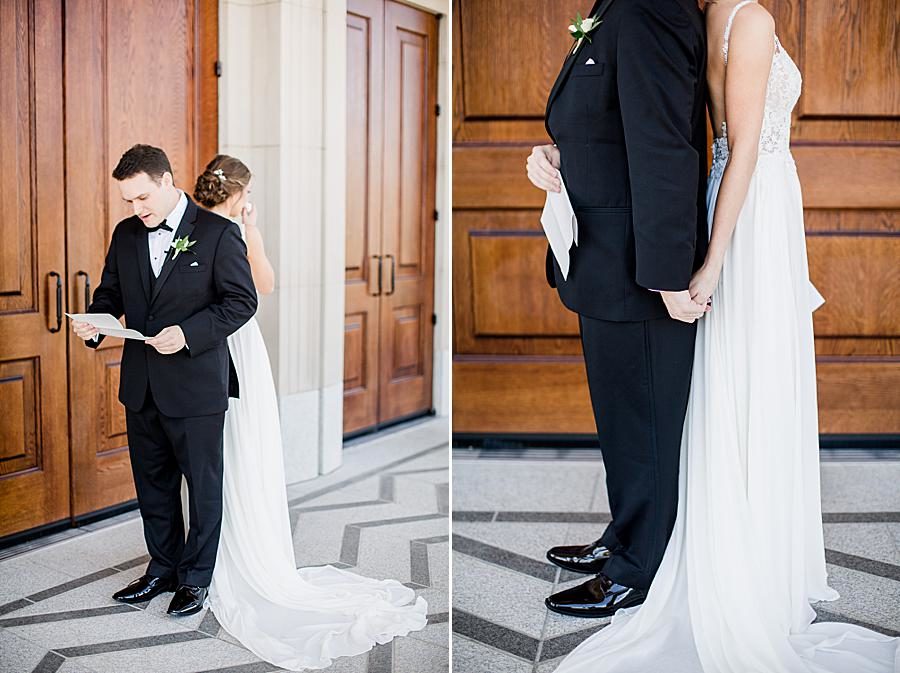 First touch at this The Press Room Wedding by Knoxville Wedding Photographer, Amanda May Photos.