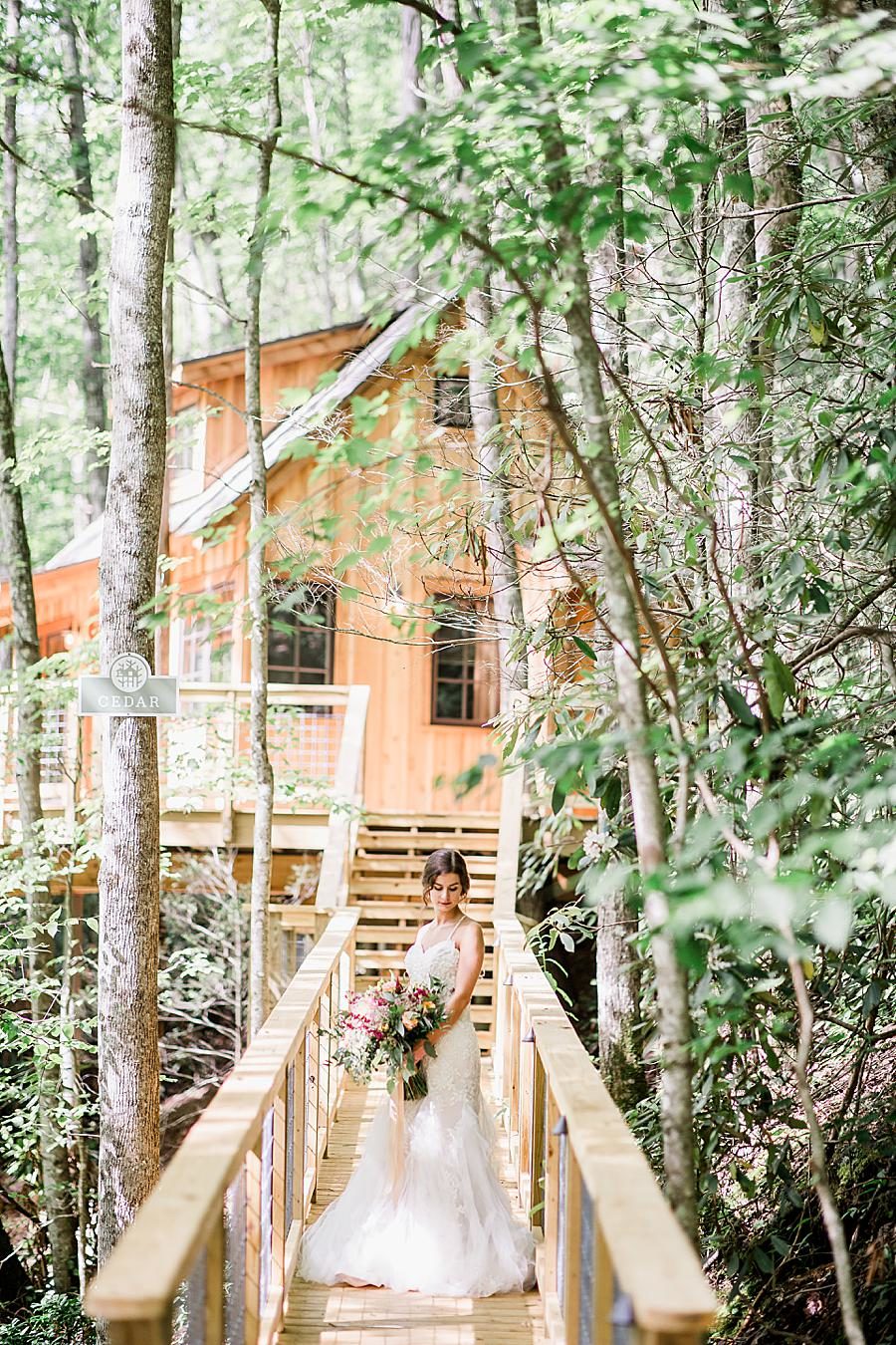 bride in front of treehouses
