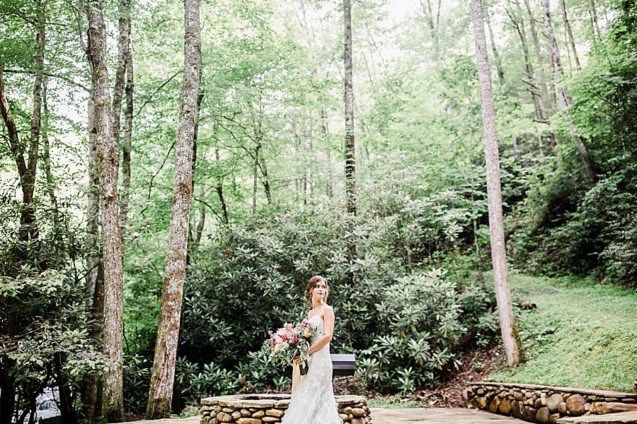 bride standing in the mountain forest