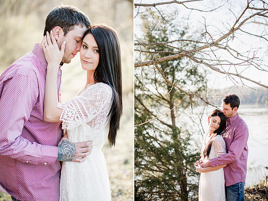 Hand on cheek at this winter engagement at melton hill park