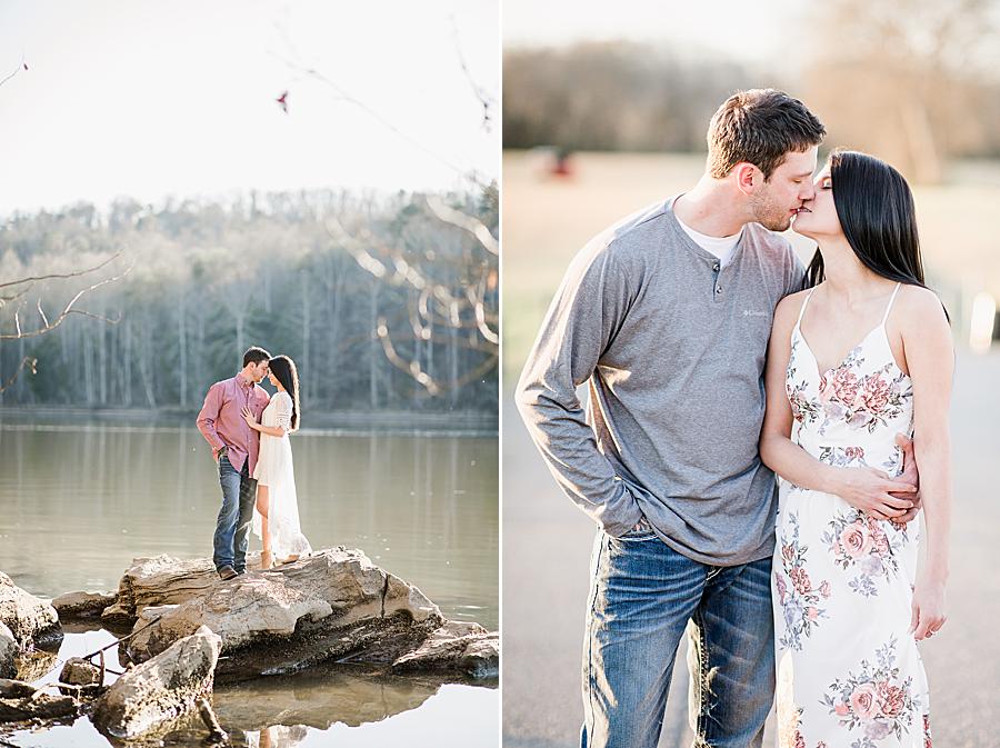 Couple kissing at their winter engagement at melton hill park
