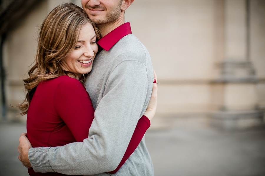 Her cheek on his chest engagement photo by Knoxville Wedding Photographer, Amanda May Photos.