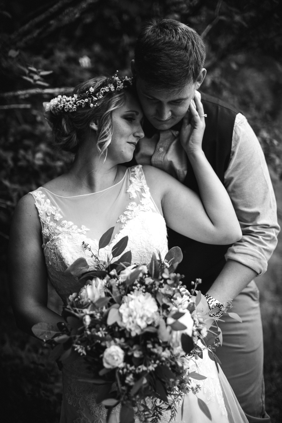 Black and white of bride and groom cuddled up at these 2017 favorite weddings by Knoxville Wedding Photographer, Amanda May Photos.