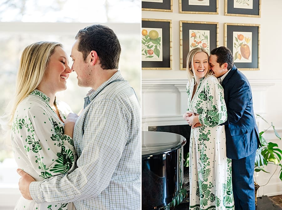 couple by piano at maple grove winter engagement