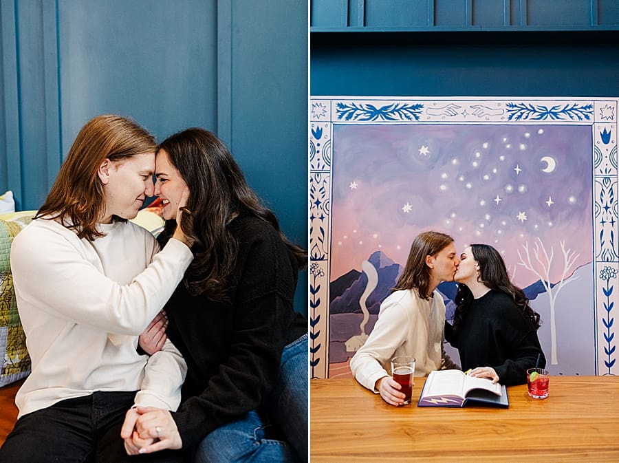 couple kissing at marriott hotel engagement