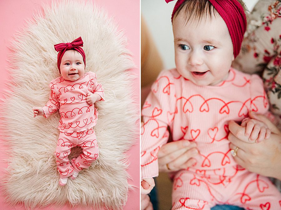 baby girl in pink outfit at highlight studio 6 month session