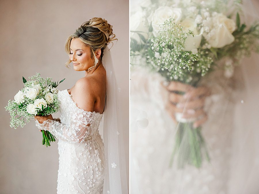 bride holding bouquet before winter trillium wedding