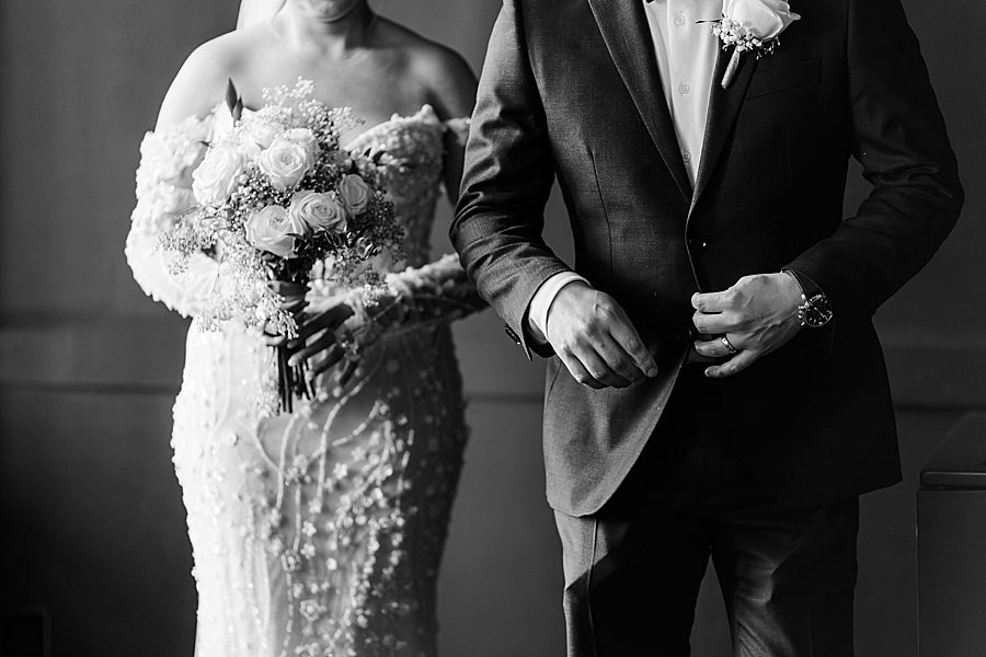 black and white photo of bride and groom