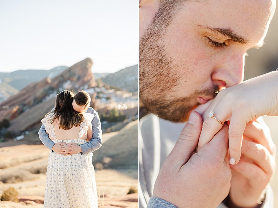 kiss on hand at red rocks engagement