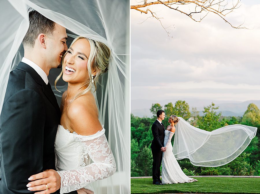 bride and groom under veil