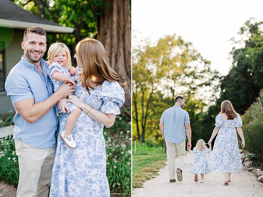 walking down gravel path at garden maternity session
