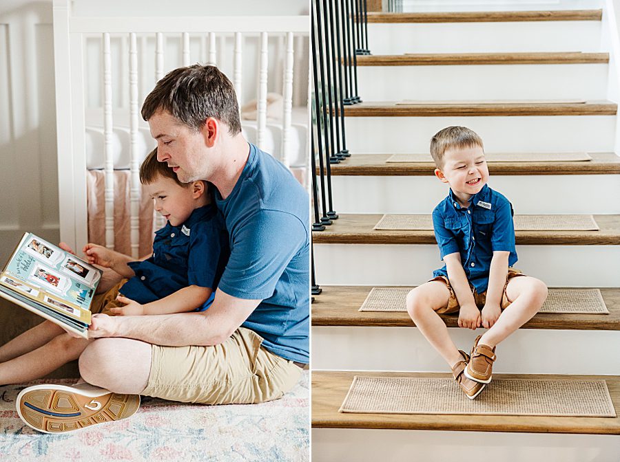 boy sitting on stairs at lifestyle family session