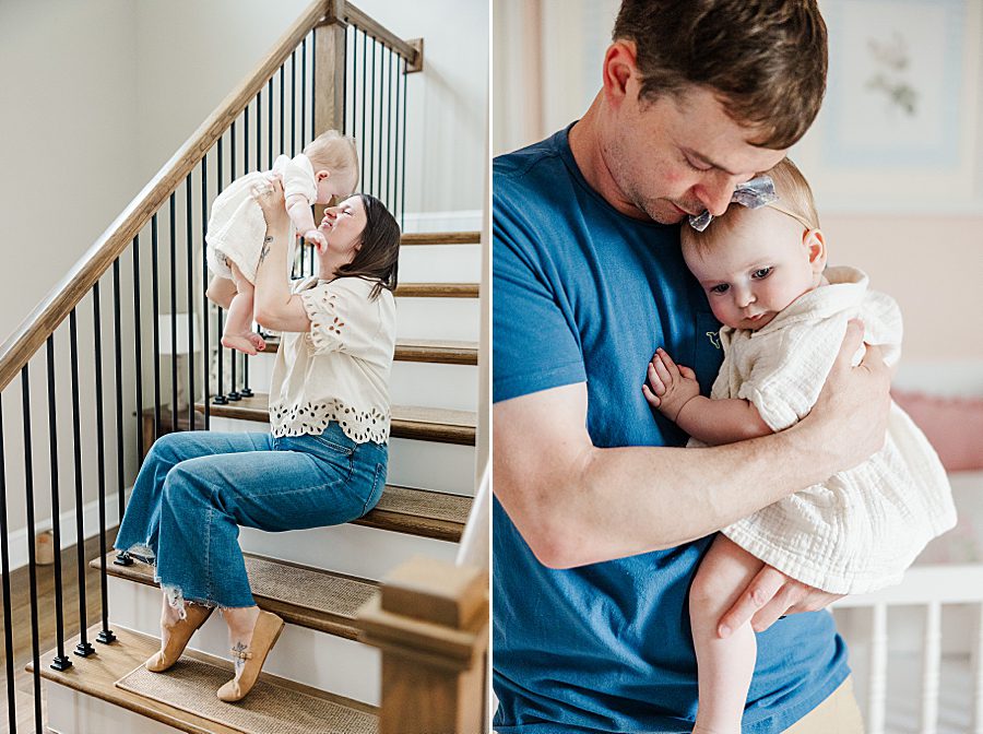 mom holding daughter on stairs