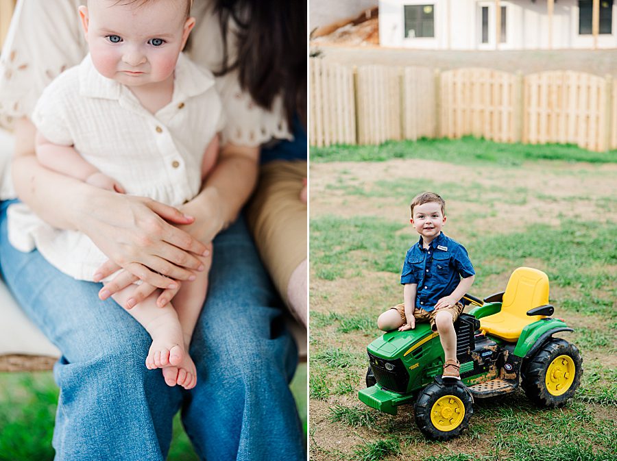 little boy on toy john deere at lifestyle family session