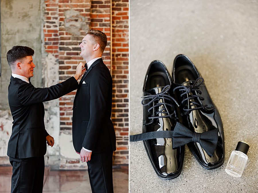 groom getting ready for summer press room wedding
