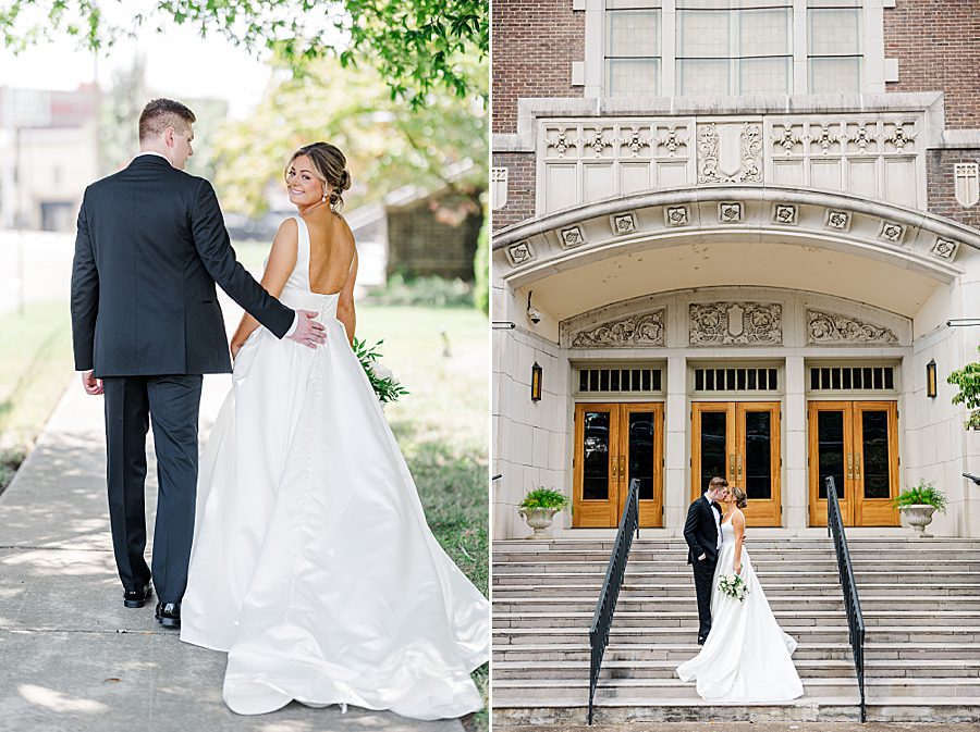 bride and groom standing on church steps