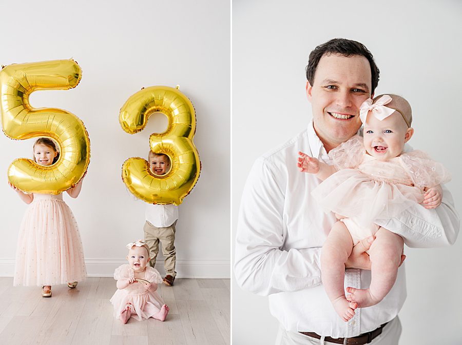 5 and 3 balloons at white room 6 month session